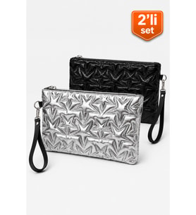 2'li Çanta Paketi Yıldız Desenli Portföy El Çantası Bilek Askılı Clutch Çanta