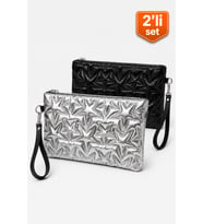 2'li Çanta Paketi Yıldız Desenli Portföy El Çantası Bilek Askılı Clutch Çanta