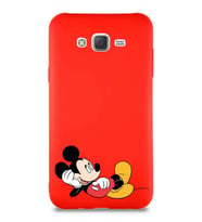 Samsung Galaxy J7 Soft Premier Kapak Mickey Mouse-F Tasarımlı Silikon Kılıf - Kırmızı (Şeffaf)