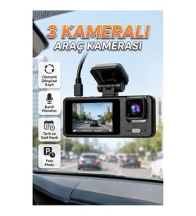 3 Kameralı Araç Kayıt DVR – 1080P Ön Kamera, HD İç ve Arka Kamera, 2 İnç Ekran, Park Modu