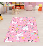 Unicorn Desen Yıldız Gökkuşağı Dijital Baskı Yıkanabilir Kaymaz Taban Leke Tutmaz Çocuk Odası Halısı (Pembe)