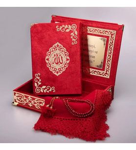 Şal + Tesbih + Kuran Hediye Seti (Orta Boy, ŞemsLafzatullah, Gold Pleksi, Raşel Kutu, Kırmızı)