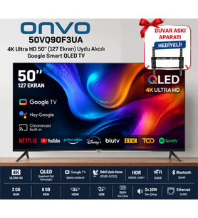 Onvo 50VQ90F3UA 4K Ultra HD 50" 127 Ekran Uydu Alıcılı Google Smart QLED TV+ Duvar Askı Aparatı Hediyeli