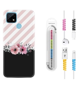 Realme C11 C21 C21Y C25Y C11 2021 Kılıf Kablo Koruma Spiral Silikon Strip Pink Flowers 1396
