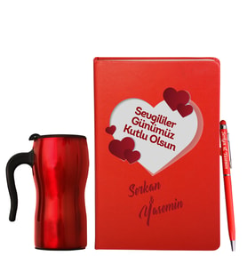 Sevgililer Gününe Özel Deri Kırmızı Defter Kalem & Termos Mug Hediye Seti 4