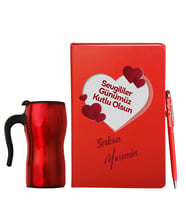 Sevgililer Gününe Özel Deri Kırmızı Defter Kalem & Termos Mug Hediye Seti 4