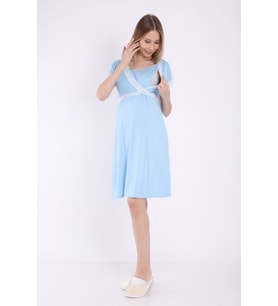 Luvmabelly MYRA9681 Önden Bölmeli Dantelli Hamile Geceliği -Mavi