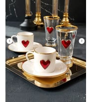 REGNA HOME Fine Living Love 2 Kişilik Dekorlu Kahve Yanı Su Bardaklı Kadehli 6 Parça Kahve Fincan Takımı