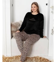 Pijamoni Kadın Kadife Büyük Beden Bisiklet Yaka Uzun Kol Pijama Takımı 4230/1- 1 Adet (Siyah)