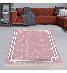 Geometrik Çerçeveli Mermer Desen Yıkanabilir Kaymaz Taban Leke Tutmaz Modern Salon Halısı ve Yolluk (Beyaz)