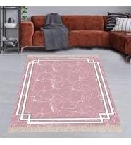 Geometrik Çerçeveli Mermer Desen Yıkanabilir Kaymaz Taban Leke Tutmaz Modern Salon Halısı ve Yolluk (Beyaz)