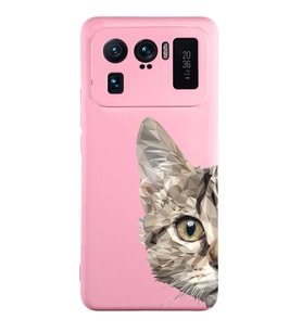 Xiaomi Mi11 Ultra Uyumlu Lansman Kılıf Catface Tasarımlı İçi Kadife Kapak-Pembe (Şeffaf)