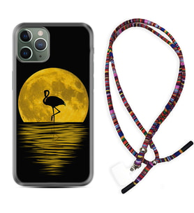 Apple iPhone 11 12 13 14 Pro Max Kılıf Boyun Asklı Rasta Silikon Ay ve Flamingo 1775