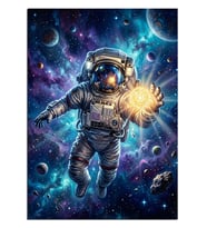 Uzayda Işık Tutan Astronot İllüstrasyonu Dekoratif Kanvas - Mdf Ahşap Tablo