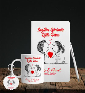 Sevgililer Gününe Özel Defter Kalem Kupa & Süblimasyon Anahtarlık Hediye Seti 18