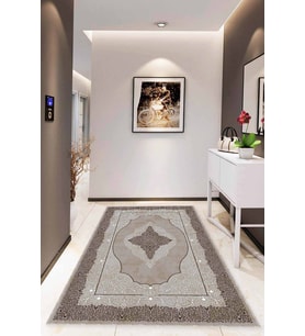Bej Klasik Göbekli Kaymaz Tabanlı Dekoratif Halı MK25 - 100 x 160 cm