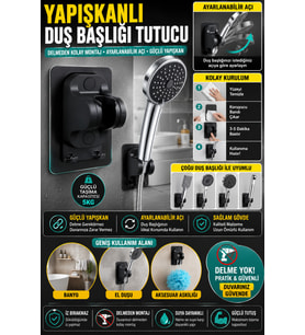 Ayarlanabilir Yapışkanlı Duş Başlığı Tutucu Siyah
