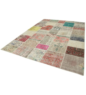 Krem El Dokuma Halı Çok Renkli Patchwork Desenli Bohem Modern Salon Halısı Dekoratif