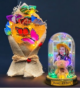 Size Özel Renkli Led Işıklı Fanus ve Led Işıklı Kelebek Buketi Hediye Seti (Model 2)