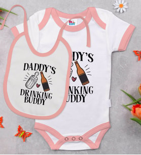 BK Kids Daddy's Drinking Buddy Tasarımlı Pembe Bebek Body Zıbın ve Mama Önlüğü Hediye Seti-1