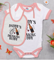 BK Kids Daddy's Drinking Buddy Tasarımlı Pembe Bebek Body Zıbın ve Mama Önlüğü Hediye Seti-1