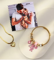 Kişiye Özel Fotoğraf & Gold Renk Charm Çelik Bileklik & Çelik İtalyan Zincir Kalp Kolye Hediey Seti