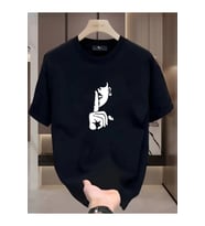 Rahat Bisiklet Yaka Tişört, Yaratıcı Karikatür Baskı - Yumuşak Polyester, Her Mevsim Giyilebilir- Siyah
