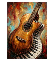 Piyano Tuşlarında Akustik Gitar Dekoratif Kanvas - Mdf Ahşap Tablo