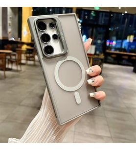 Samsung Galaxy S23 Ultra ile uyumlu Kamera Lens Aparatlı Stand Olabilen Magsafe ile uyumlu Kamera Korumalı Şeffaf Full Color Magnetic Wireless Telefon Kılıfı (Gri, Galaxy S23 Ultra)