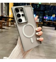 Samsung Galaxy S23 Ultra ile uyumlu Kamera Lens Aparatlı Stand Olabilen Magsafe ile uyumlu Kamera Korumalı Şeffaf Full Color Magnetic Wireless Telefon Kılıfı (Gri, Galaxy S23 Ultra)
