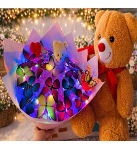 Sevgililer Gününe,  Anneye ve Arkadaşa Özel 35 cm Peluş Ayıcık ve Led’li Kelebek Buketi