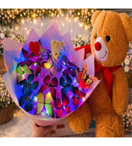 Sevgililer Gününe,  Anneye ve Arkadaşa Özel 35 cm Peluş Ayıcık ve Led’li Kelebek Buketi (Yeşil)