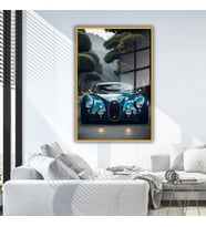 Metal Çerçeveli Temperli Cam Tablo Açık Mavi Bugatti (Gold)