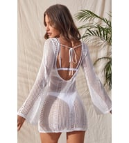 Angelsin Örme Pamuk Uzun Kollu Pareo Plaj Elbisesi Kimono Kaftan (Beyaz)