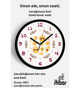 İsme Özel Sevimli Güneş Desenli Çocuk Odası Duvar Saati Orta Boy 30 cm Siyah Camlı Sessiz