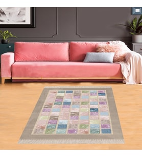 Geometrik Kare Blok Desenli Dijital Baskı Yıkanabilir Kaymaz Taban Modern Salon Halısı (Pudra) (Mavi)