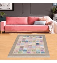 Geometrik Kare Blok Desenli Dijital Baskı Yıkanabilir Kaymaz Taban Modern Salon Halısı (Pudra) (Mavi)