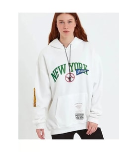 Baskılı Kapüşonlu Sweatshirt - Beyaz