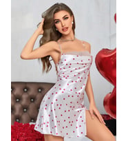 Kadın Beyaz Fuşya Kalp Desenli saten Gecelik 2219