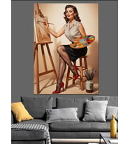 Şövalede Resim Yapan Retro Ressam Kadın Dekoratif Kanvas - Mdf Ahşap Tablo