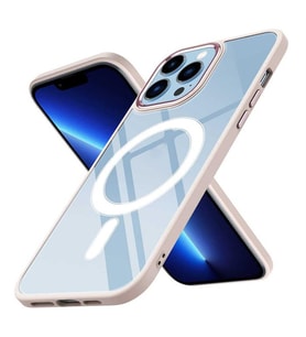 Coverzone iPhone 13 Pro ile uyumlu K?l?f Wireless ?arj �zellikli Metal buton Z-Krom MagSafe ile uyumlu ?effaf Transparan Double Color Silikon Kapak Pembe A�?k