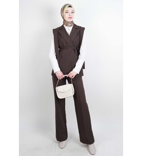 Tesettür Blazer Takım Omuz Tasarım Yelekli Blazer İkili Takım Kahverengi