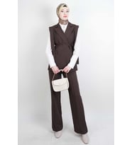 Tesettür Blazer Takım Omuz Tasarım Yelekli Blazer İkili Takım Kahverengi