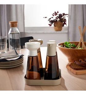 IKEA HALVTOM gri-bej 17x17 cm tepsi, 2 adet 19 cm yağdanlık, 2 adet 19 cm baharat öğütücü 5li set