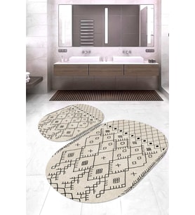 Dijital Baskılı Kaymaz Taban Yıkanabilir Oval 2'li Klozet Takımı Banyo Paspası NOKZ-SD-555 (Krem)