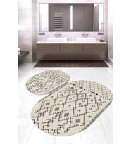 Dijital Baskılı Kaymaz Taban Yıkanabilir Oval 2'li Klozet Takımı Banyo Paspası NOKZ-SD-555 (Krem)