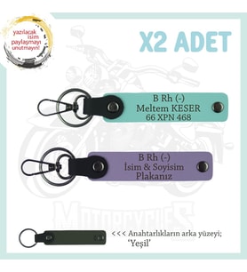 Motosiklet Aşıklarına, İsim Plaka ve B Rh (-) Kan Grubu, Acil Durum x2 Anahtarlık, Mor-Turkuaz-Ysl (Çok Renkli)