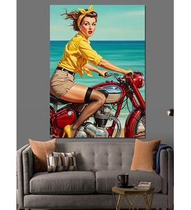 Motorsikletli Pin-Up Kız Çizim Dekoratif Kanvas - Mdf Ahşap Tablo