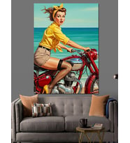 Motorsikletli Pin-Up Kız Çizim Dekoratif Kanvas - Mdf Ahşap Tablo