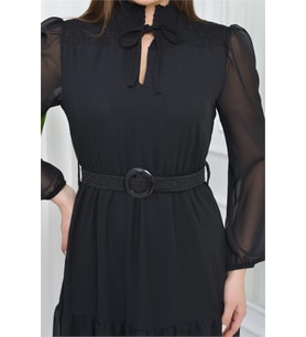 Neşeli butik kadın kemerli midi boy gipeli şifon elbise NB7156 - Siyah